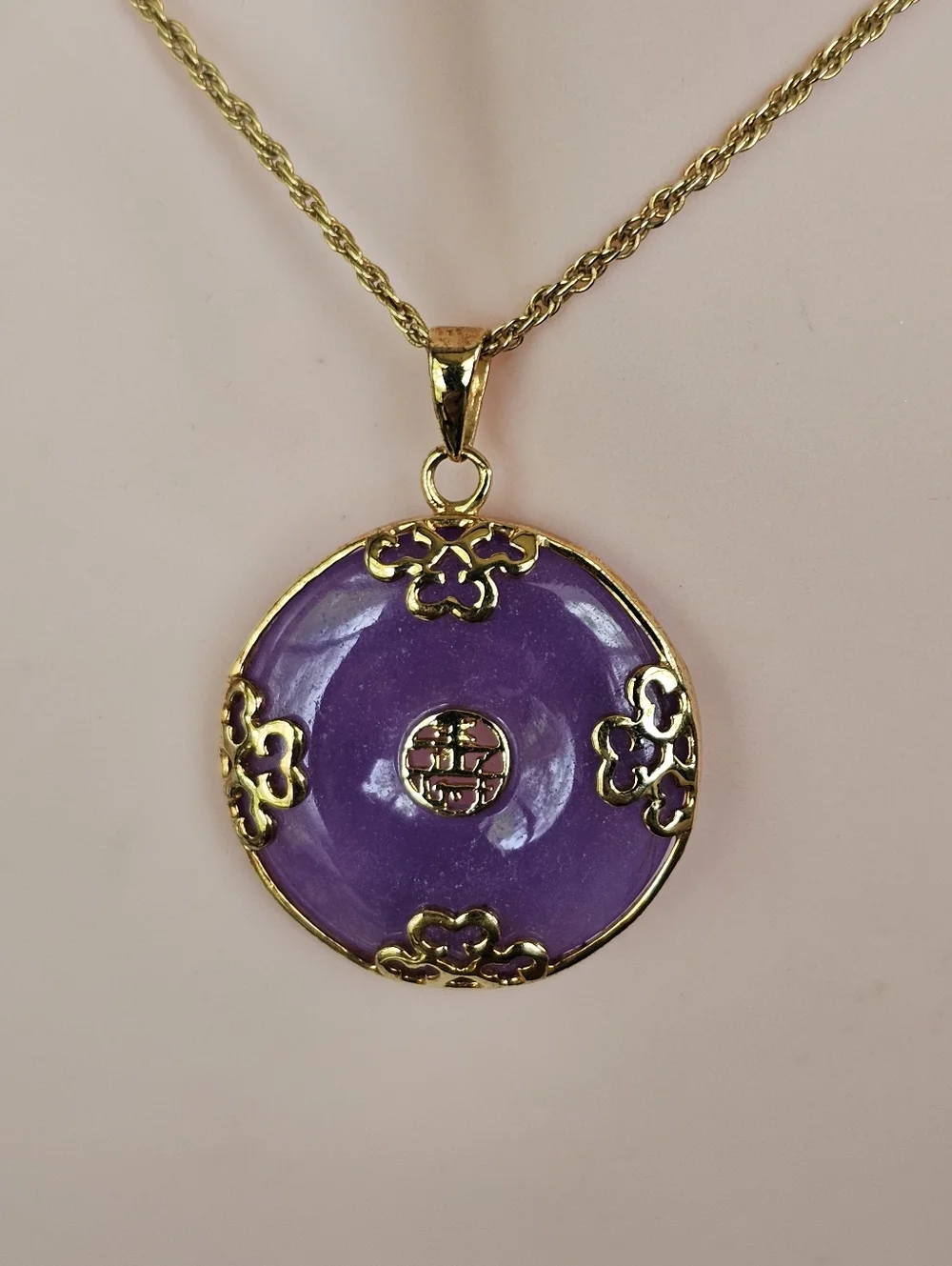 Good Fortune Genuine Purple Jade Donut Pendant Necklace 18k Vermeil 20